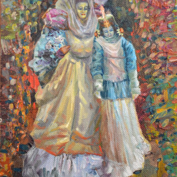 Painting titled "At the carnival" by Sergei Lisitsyn, Original Artwork, Oil Mounted on Cardboard