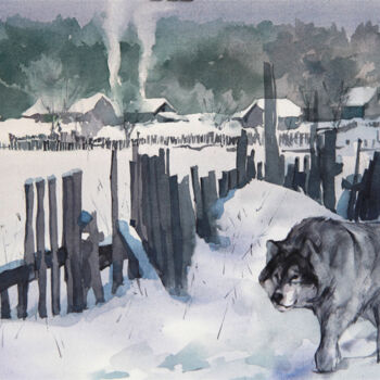 Peinture intitulée "First snow" par Sergei Minin, Œuvre d'art originale, Aquarelle