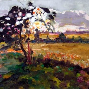 Schilderij getiteld "Evening Field" door Sergej Jakovlev, Origineel Kunstwerk, Olie