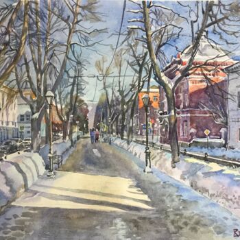 Painting titled "В январе на проспек…" by Sergej Smirnov, Original Artwork, Watercolor