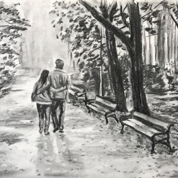 Drawing titled "Утро в парке" by Sergei Sokolov, Original Artwork, Charcoal