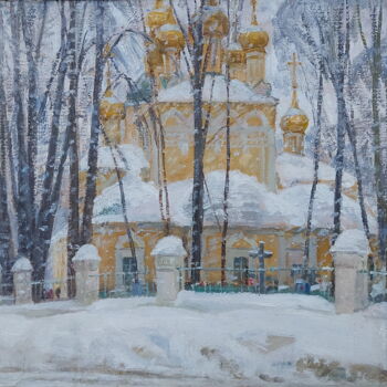 Schilderij getiteld "Храм в Измайлово" door Sergei Iurevich Gusev, Origineel Kunstwerk, Olie Gemonteerd op Karton
