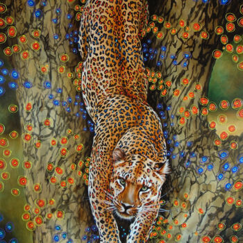 Painting titled "On a tree trunk" by Sergey And Vera, Original Artwork, Oil Mounted on Wood Stretcher frame