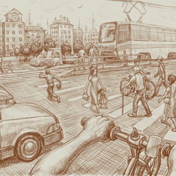 Artes digitais intitulada "city and people" por Sergey Badmatsirenov, Obras de arte originais, Pintura digital