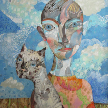 Pittura intitolato "Boy with Cat" da Sergey Kostin, Opera d'arte originale, Acrilico