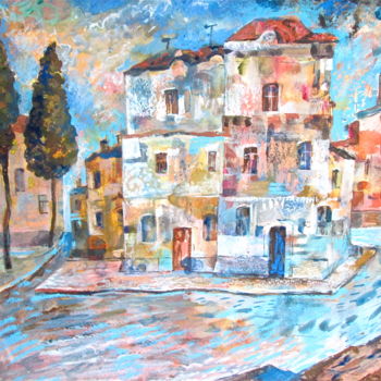 Painting titled "Small Town1" by Sergey Kostin, Original Artwork, Tempera