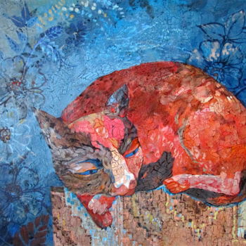 Painting titled "Red Cat in the Gard…" by Sergey Kostin, Original Artwork, Acrylic