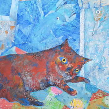 Painting titled "Dreaming Red Cat" by Sergey Kostin, Original Artwork, Acrylic