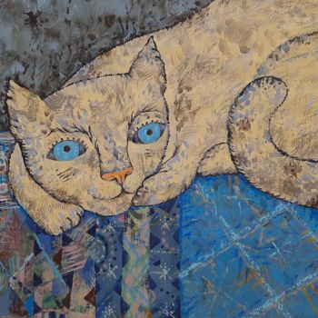 Schilderij getiteld "Yellow Cat" door Sergey Kostin, Origineel Kunstwerk, Acryl