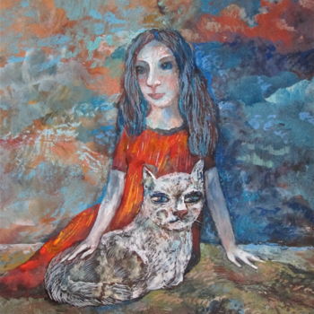 Painting titled "Girl and White Cat" by Sergey Kostin, Original Artwork, Watercolor