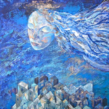 Painting titled "Night Flying Angel" by Sergey Kostin, Original Artwork, Tempera
