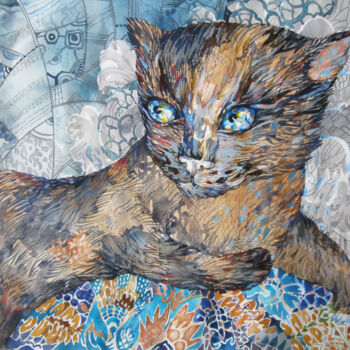 Dessin intitulée "Cat Feelings" par Sergey Kostin, Œuvre d'art originale, Aquarelle