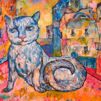 Malarstwo zatytułowany „Cat in Red Town” autorstwa Sergey Kostin, Oryginalna praca, Tempera