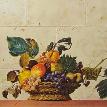 Malarstwo zatytułowany „Basket of fruit. Ca…” autorstwa Sergey Kuzmin, Oryginalna praca, Olej Zamontowany na Inny sztywny pa…