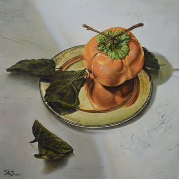 Malarstwo zatytułowany „Persimmon still lif…” autorstwa Sergey Kuzmin, Oryginalna praca, Olej Zamontowany na Drewniana rama…