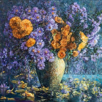 Pintura intitulada "autumn flowers" por Sergey Levin, Obras de arte originais, Óleo