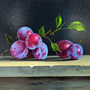 Painting titled "Still life plums (2…" by Sergey Miqayelya, Original Artwork, Oil Mounted on Wood Stretcher frame