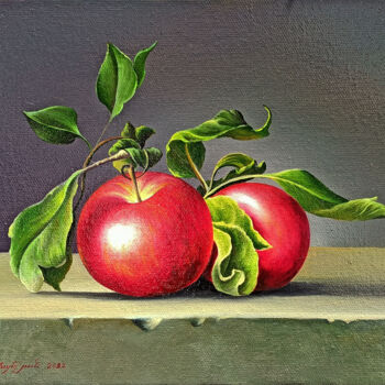 Pittura intitolato "Still life apple (2…" da Sergey Miqayelya, Opera d'arte originale, Olio Montato su Telaio per barella in…