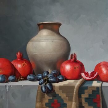 Painting titled "Still life with pom…" by Sergey Miqayelya, Original Artwork, Oil Mounted on Wood Stretcher frame