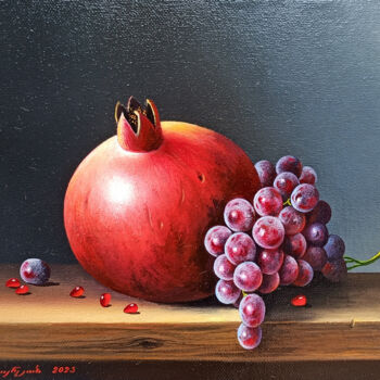 Painting titled "Still life with pom…" by Sergey Miqayelya, Original Artwork, Oil Mounted on Wood Stretcher frame