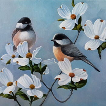 Peinture intitulée "Bird Pair with Whit…" par Sergey Miqayelya, Œuvre d'art originale, Huile Monté sur Châssis en bois