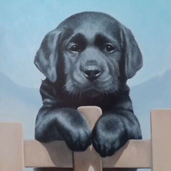 绘画 标题为“Black Doggy” 由Sergey Miqayelya, 原创艺术品, 油 安装在木质担架架上