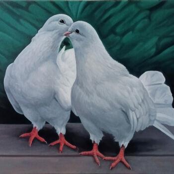 Painting titled "White Pigeons in Lo…" by Sergey Miqayelya, Original Artwork, Oil Mounted on Wood Stretcher frame