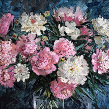 Schilderij getiteld "Peonies on a Silver…" door Sergey Sovkov, Origineel Kunstwerk