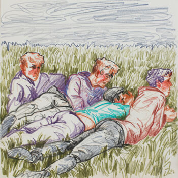 Zeichnungen mit dem Titel "On green grass." von Sergey Sovkov, Original-Kunstwerk, Conté-Buntstifte