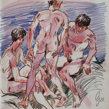 Drawing titled "Three guys among th…" by Sergey Sovkov, Original Artwork, Watercolor