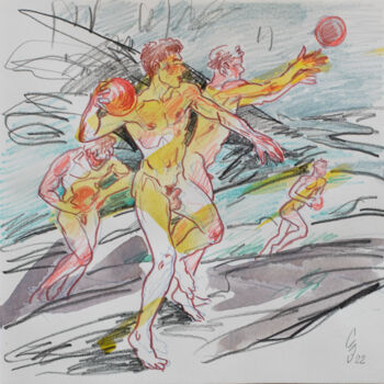 Disegno intitolato "Dodgeball game." da Sergey Sovkov, Opera d'arte originale, Acquarello
