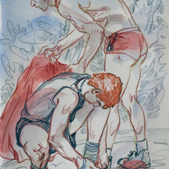Drawing titled "Young athletes." by Sergey Sovkov, Original Artwork, Watercolor