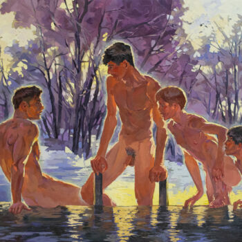 Painting titled "Evening swimming in…" by Sergey Sovkov, Original Artwork, Oil