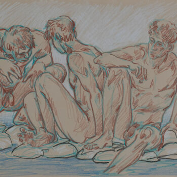 Dessin intitulée "Bathers on the seas…" par Sergey Sovkov, Œuvre d'art originale, Conté