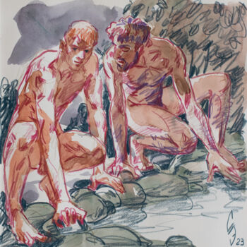 Drawing titled "Dam builders" by Sergey Sovkov, Original Artwork, Watercolor