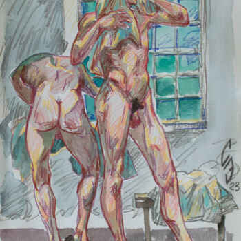 Drawing titled "Two people in the d…" by Sergey Sovkov, Original Artwork, Watercolor