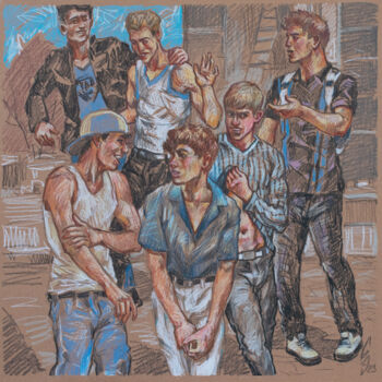 Drawing titled "Guys on the street" by Sergey Sovkov, Original Artwork, Conté