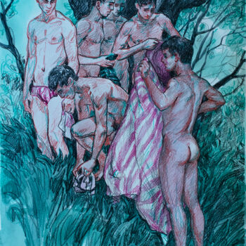 Drawing titled "Bathers at the edge…" by Sergey Sovkov, Original Artwork, Conté