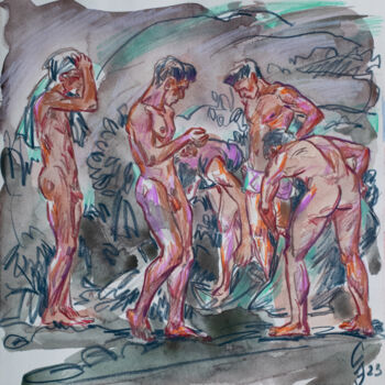 Σχέδιο με τίτλο "Boys on the beach" από Sergey Sovkov, Αυθεντικά έργα τέχνης, Ακουαρέλα