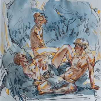 Drawing titled "Three friends on va…" by Sergey Sovkov, Original Artwork, Watercolor