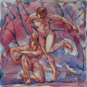 Drawing titled "Runner and catcher" by Sergey Sovkov, Original Artwork, Watercolor