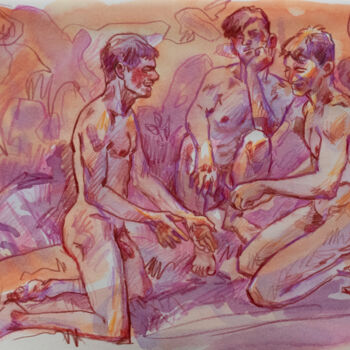 Zeichnungen mit dem Titel "Games on the beach" von Sergey Sovkov, Original-Kunstwerk, Aquarell