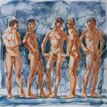 Drawing titled "Five friends" by Sergey Sovkov, Original Artwork, Watercolor