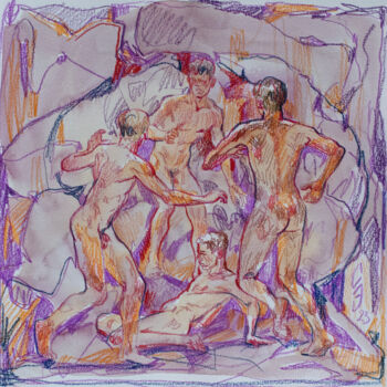 Zeichnungen mit dem Titel "Young people's games" von Sergey Sovkov, Original-Kunstwerk, Conté-Buntstifte