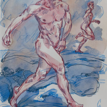 Drawing titled "Running to the sea" by Sergey Sovkov, Original Artwork, Conté