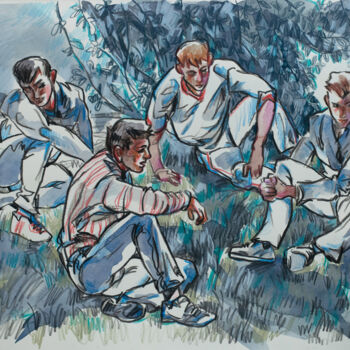Dessin intitulée "Boys on the grass" par Sergey Sovkov, Œuvre d'art originale, Conté