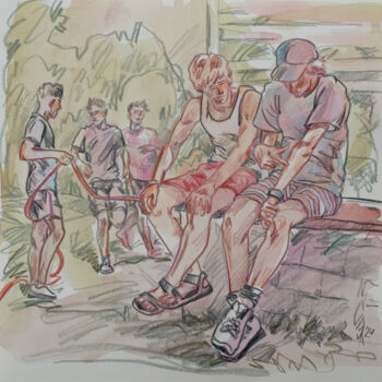Drawing titled "On a Sportsground" by Sergey Sovkov, Original Artwork, Conté
