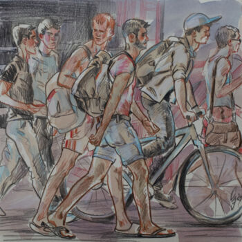 Drawing titled "On the sidewalk" by Sergey Sovkov, Original Artwork, Watercolor