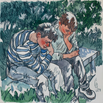 Drawing titled "Sitting together" by Sergey Sovkov, Original Artwork, Watercolor