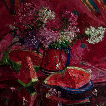 Schilderij getiteld "Watermelon and Phlox" door Sergey Sovkov, Origineel Kunstwerk, Olie